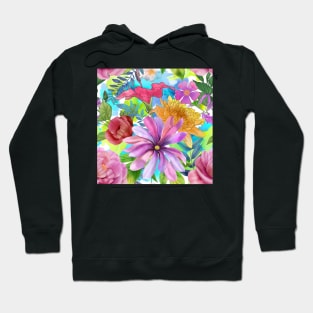 Tropical flowers watercolor print. Hibiscus, Peony, Star Magnolia, Chrysanthemum flowers. Colorful summer jungle Hoodie